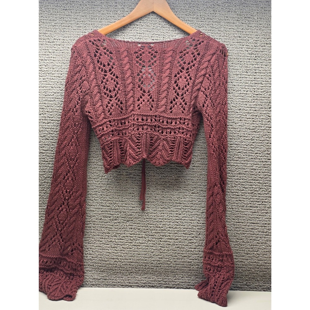 Emory Park Chocolate Pointelle Tie Front Cropped Cardigan Small NEW Buckle - Picture 5 of 9
